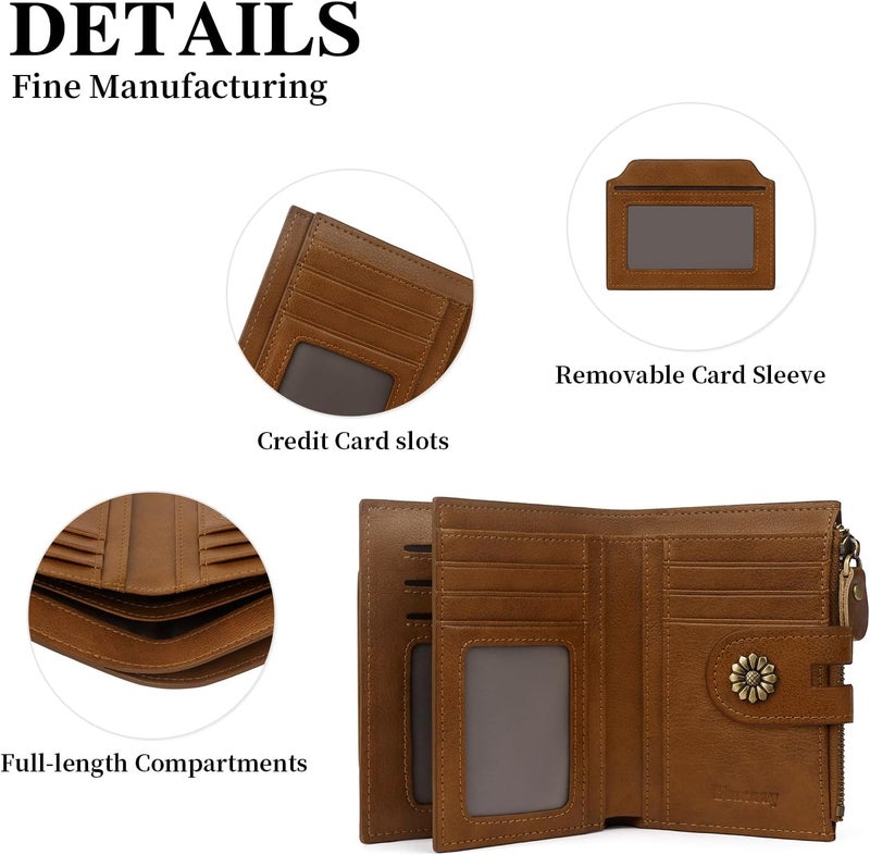 Blucoay Wallet Women,RFID Blocking Leather Womens Wallet Bifold Compact Card Holder Small Wallet for Women with Removable ID Window zsbrown - Image 5